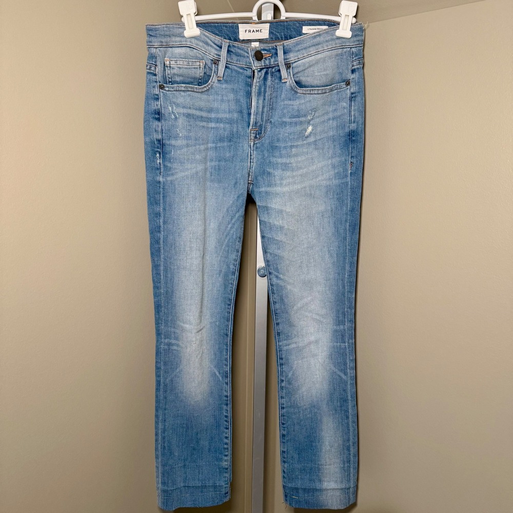Frame L'Homme Skinny Jeans Light Wash Distressed Blue Denim Size 29